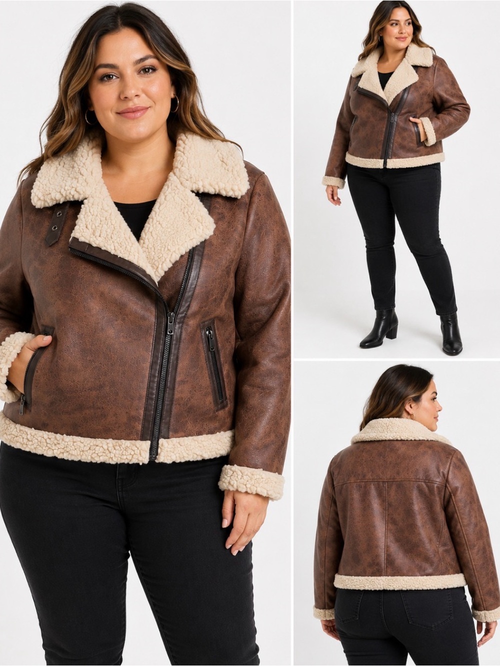 AMAPELLE Rosie Faux Shearling Moto Jacket Brown Beige XL NWT
